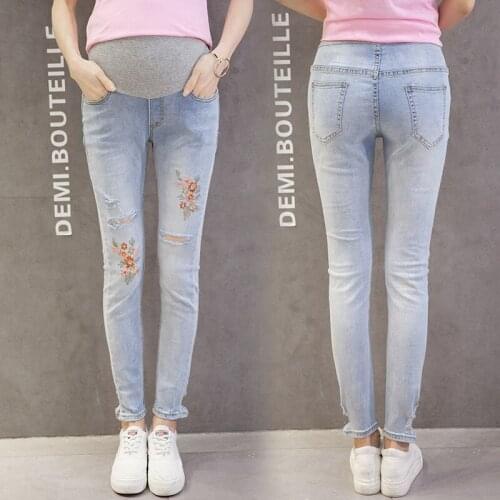 Embroidery Flower Denim Maternity Jeans Summer Light Blue Ripped Hole Pencil Pregnancy Trousers Clothes for Pregnant Women