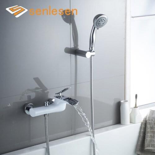 SENLESEN White Chrome Bathtub Shower Faucet Waterfall Spout Hot and Cold Water Mixer Tap Wall Mounted Bathroom Shower Set