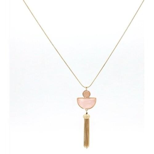Light Yellow Gold Color Alloy Half Moon Natural Rose Pink Quartz Pendant Link Chain Necklace with Tassels Jewelry