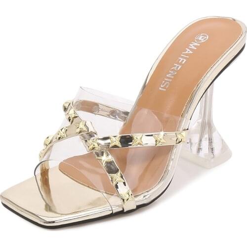 Clear Crystal Heel Party Pumps Shoes Large Size 35-46 PVC Transparent Summer Women High Heels Open Toe Rivet Sexy Ladies Sandals