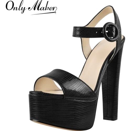 Onlymaker Summer Womens Platform Sandals Peep Toe Matte Black Crocodile Print Ankle Buckle Chunky High Heels Shoes Large Size