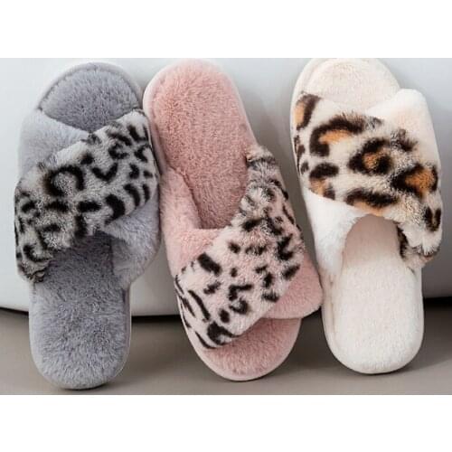 Women Slip House Slippers Faux Fur Leopard Print Fashion Warm Shoes Flats Female Slides White Grey Pink Home Furry