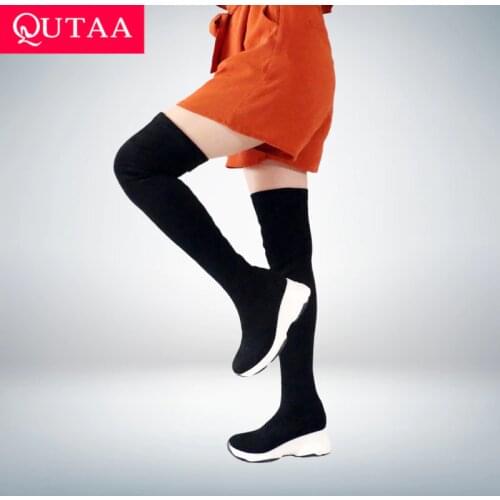 QUTAA 2021 Round Toe Over The Knee Women Boots Autumn Winter Wedge Heel Fashion Casual Women Shoes Flock Stretch Boot Size 34-43