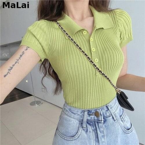 Lolita Woman TShirts Polo Lapel Single Breasted Knitted Short-Sleeved T-Shirt Womens Top Summer Crop Top Mujer Camisetas