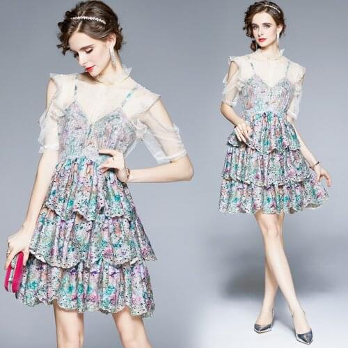 2021 New Fashion Runway Summer Mini Dress Womens Hollow Out Embroidery Printed Mesh Splice Elegant Vintage Dresses