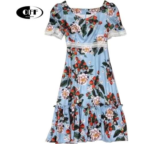 Designer Runway Lady Dress Elegant Floral Lace Up Short Sleeve Blue Vintage High Waist Women Dresses Female Chic Beach vestidos