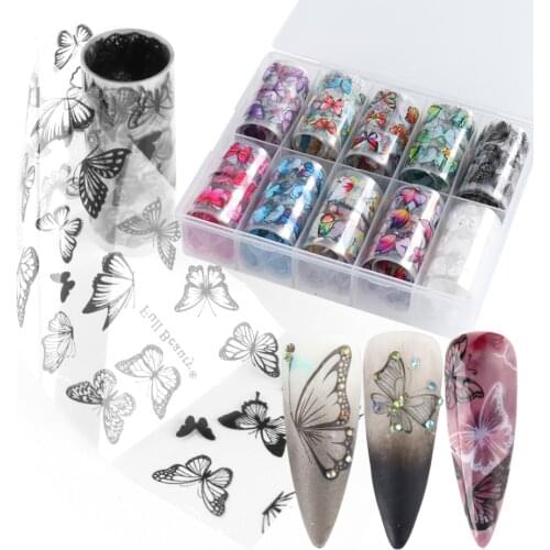10 Rolls Nail Art Transfer Foils Set Butterfly Pattern Nail Sticker Decals Starry Sky Paper Adhesive Wraps Quick Art Film LA1797