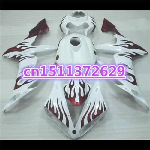 100%Fits Fairing kit for YZF R1 04 05 06 YZF-R1 04-06 YZF1000 red flames in white YZF R1 2004 2005 2006 fairing parts-D D