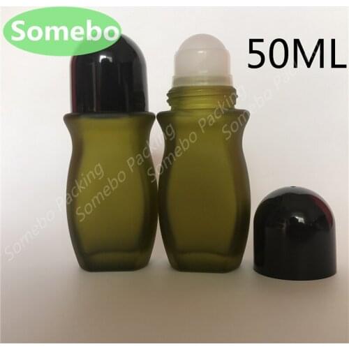 100pcs Body Massage 50ML Olive Green Frosted Glass Roll Bottle, Body Bottle Deodorant Ball Bottle, 50CC Glass Essence Bottle