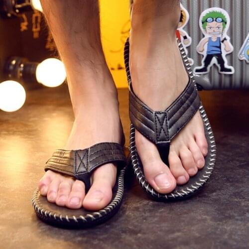 2021 Summer Fashion Men Flip Flops Pu Leather Slippers Non-slip Thick Bottom Slides Flat Heel Beach Shoes Casual Slip On Slipper