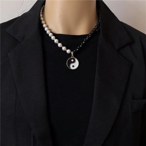 2021 Fashion Black White Pearl Bead Choker Collar for women men Yin Yang Taichi Pendant Necklace Punk Hip Hop Neck Chain Jewelry
