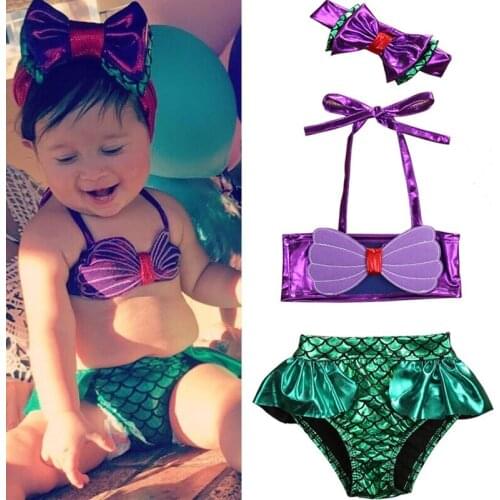 3Pcs Girls Mermaid Bikini Set Lace Up 3D Swimsuits Fish Scales Triangle Briefs Bowknot Elastic Headband Summer Beachwear Suit