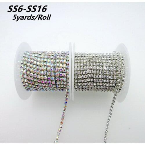 5yards/roll Clear AB glitter crystal glass SS6-SS16(2mm-4mm)Silver Base Cup rhinestone Chain garment sewing trim diy accessories