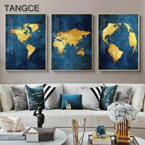 Abstract Navy Blue Map Canvas Painting Golden Posters Prints Big Size Wall Art Pictures for Living Room Fashion Tableaux Decor