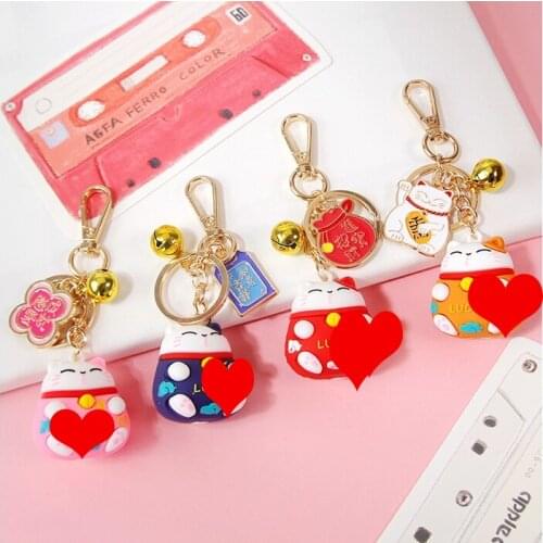 2020 3D Maneki Neko Lucky Cat Fortune Cat Keychain Key Chain Gold Color Metal Ring Trinkets Car Bag Pendent For Women D437