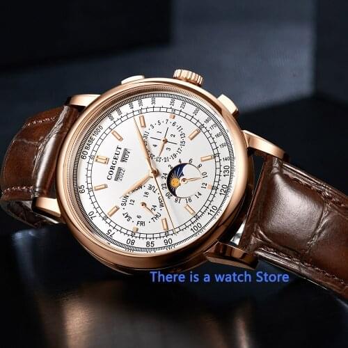 Corgeut 42mm Moon Phase Mechanical Watch Rose Gold White Dial Year Day Month Week Wristwatches Automatic Mens Watch