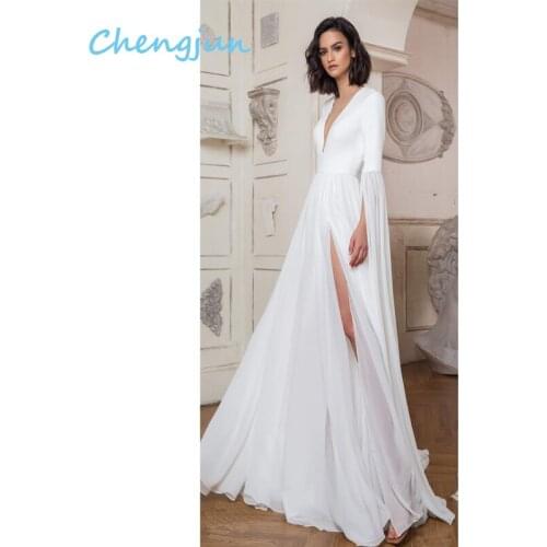 Chengjun New Style Deep V Neck Split Chiffon White Wedding Dress For Ladies