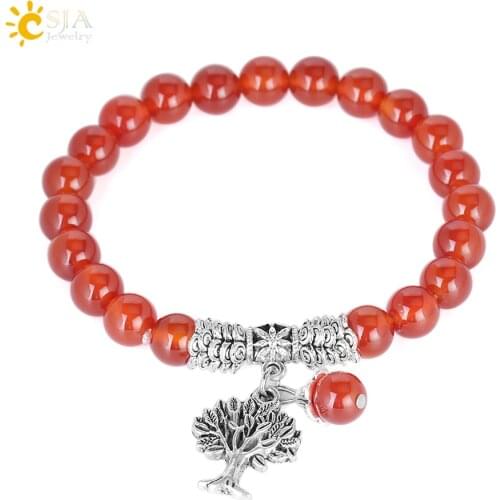 CSJA 2017 Raw Red Onyx Gem Stone Beads Bracelets Bangles Tree of Life Round Mala Rosary Healing Crystal Carnelian Jewellery E745