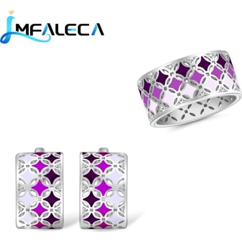 LMFALECA Silver Ring Earrings Set for Women 925 Sterling Silver Purple Enamel Clip Earrings Ring Fine Wedding Jewelry Gift