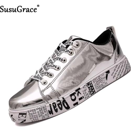 SusuGrace Gold Silver Black Leather Casual Shoes Men Bling hip-hop Couple Shoes Lace Up Sneakers Outdoor Footwear street shoes