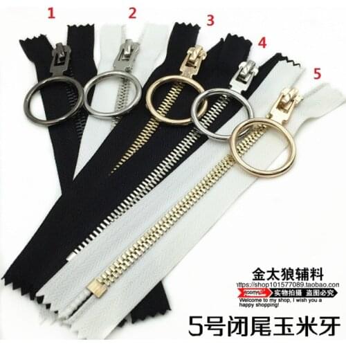 2piece 5# metal zipper for for clothing pocket 20cm/piece with ring zip slider black white with silver gold teeth