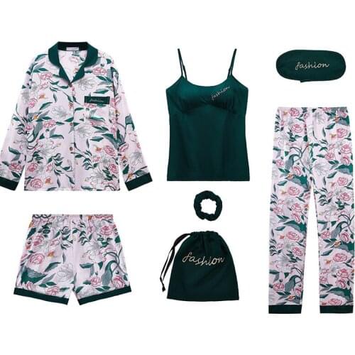 New Four Seasons Wear 7 Pieces of Homewear Cotton Women Sexy Nightgown Suspender Pajamas Set Autumn Woman Pijama Set