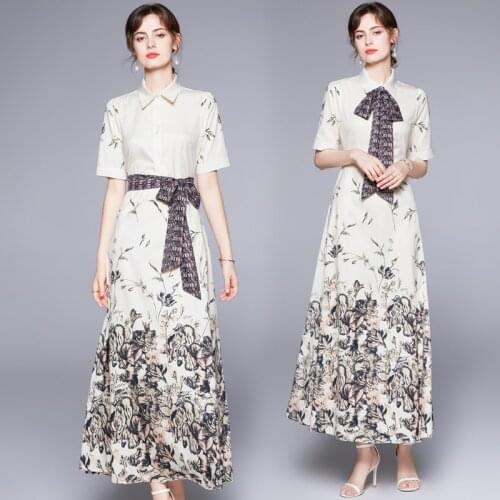New Summer Womens Lapel Lace-up Waist Slim-Fit Printed White Short-Sleeve Long Dress