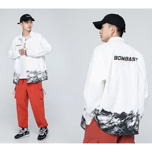 Japanese mens spring and summer new Korean fashion brand shirt gradient snow mountain print loose long-sleeved shirt men