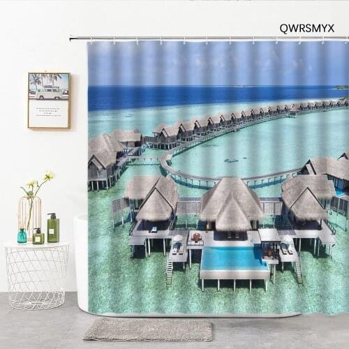 Grass Pavilion Ocean Scenery Shower Curtains 3D Maldives Sea Landscape Bathroom Decor Curtain Hooks Home Background Wall Cloth