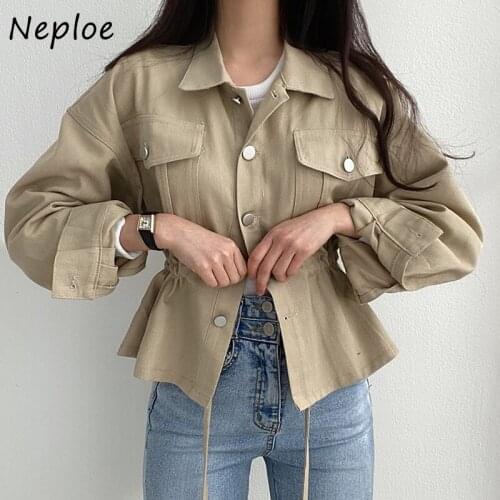 Neploe Stylish Single-breasted Jacket Woman Drawstring Slim Waist Casual Outerwear Top Coat Women Pocket Cargo Jackets Autumn