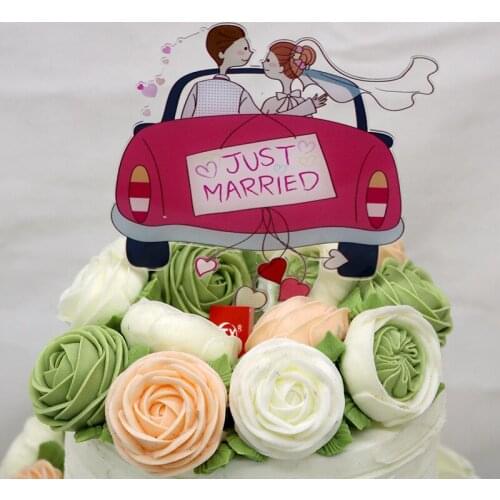 New Just Married Cake Toppers Mr & Mrs Car Painted Acrylic Cake Flags Bridal Groom Wedding Party Cake Baking Decor Honey Moon