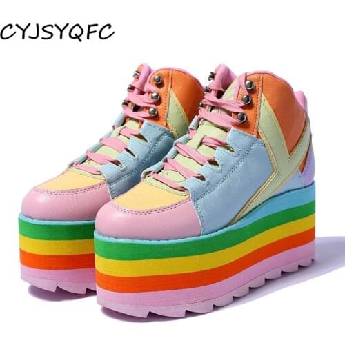 CYJSYQFC Raibow Flat Platform Women Sneakers Thick Bottom Round Toe Lace Up Candy Color Increasing Height Lady Shoes Top Quality