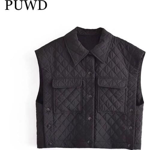 PUWD Vintage Women Cotton Padded Quilted Vest 2021 Winter Fashion Ladies Black Turn-down Collar Waistcoat Female Solid Outwear