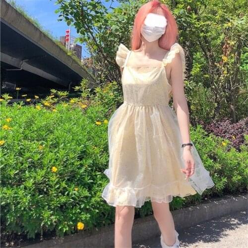 Japanese Summer New Sweet Girly Soft Girl Camisole Dress Kawaii Square Collar Ruffles Sleeveless Gauze Splicing JSK Dress