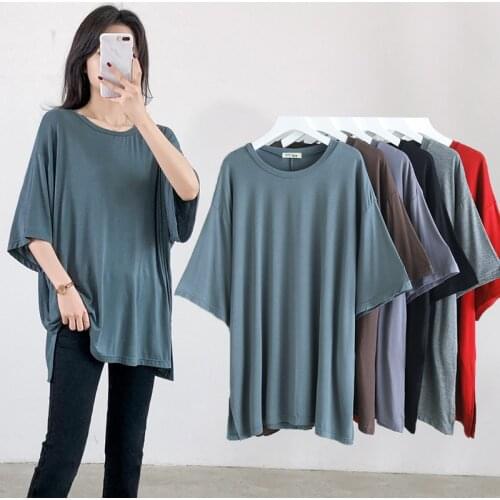 Soft viscose women summer T-shirt casual loose O-neck half sleeve split out long tees W818
