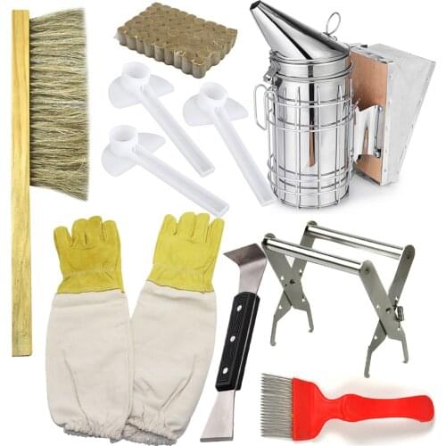 1set apiculture kit beekeeping feeder smoke generators beekeeper protection glove beehive lift honey uncapping fork brush tools