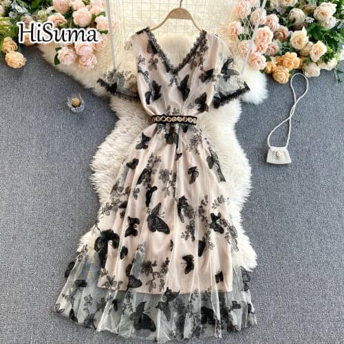 2021 summer new women V collar Retro Embroidery butterfly lace A-line dress female Chic elegant waist gauze party dresses