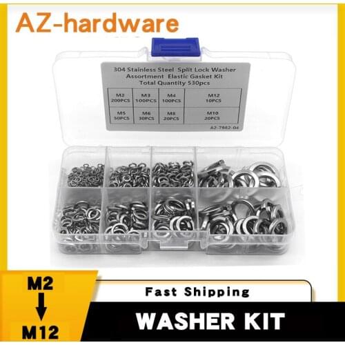 530PCS 304 Stainless Steel Spring Washer Kit M2 M3 M4 M5 M6 M8 M10 M12 Split Lock Washer Assortment Elastic Gasket Kit