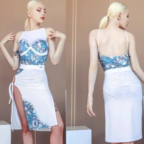 White blue flower print latin dress skirt cha cha samba dress latin leotard blouse latin bodysuit white latin skirt 782