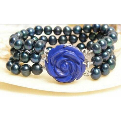 Genuine 3row 9mm 8'' round navy blue pearls bracelet LAPIS lazuli CLASP