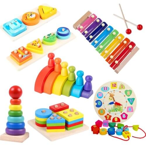 Wooden Rainbow Block Wood Stacking Toys Geometry Puzzle Board Shape Matching Early Learning Montessori Toys for Kids