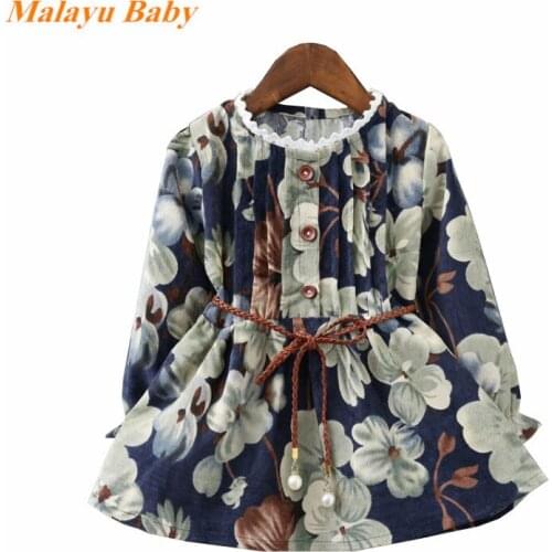 Girls Dress Autumn New Cute Child Flower Printed Belt Long Sleeve Princess Dress 2-6 Years Old Casual Girl Childrens Clothing