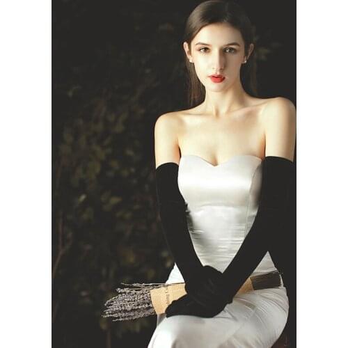 Elegant Bridal Long Opera Gloves Black Velvet Finger Gloves for Wedding Travel Studio Photo Daily Life WG011