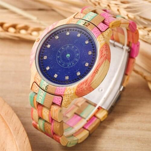 Twelve Constellations Starry Blue Bamboo Watch Women LED Lights Display Full Colorful Wristwatch Folding Clasp Wooden Timepiece