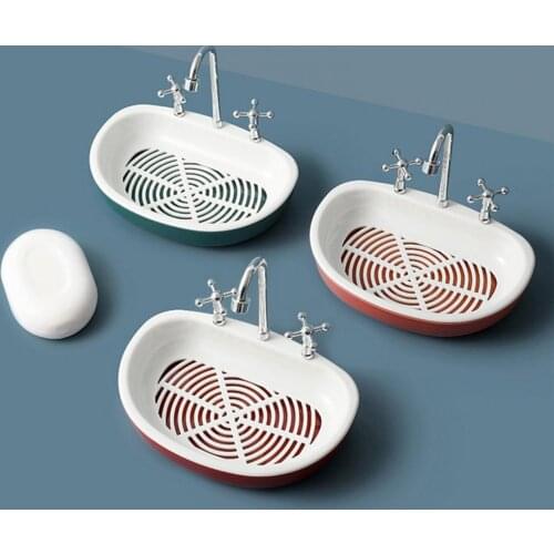 Soap Dish Creative Punch-free Double Layers Vanity Sink Shape Draining Soap Dish Bathroom Accessories Wall Mounted Soap Holder