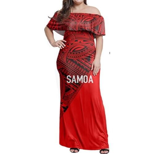 Hycool Wholesale Summer Polynesian Samoan Plus Size Clothing Ruffle Off-Shoulder Bodycon Maxi Dress New Wedding Party Red Dress