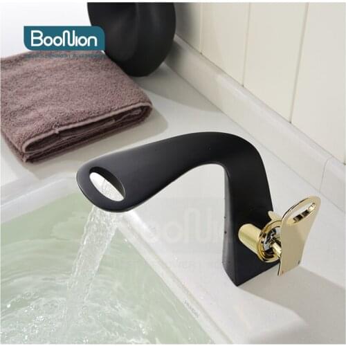 Boonion brass basin mixer black+gold bathroom tap single handle hot & cold single hole simple style Creative waterfall faucet