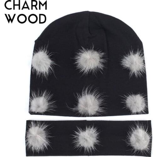 Soft Kids Beanie And Headband Set Cotton Candy Color Slouchy Beanie Hat Mink Fur Pompom For Newborn Boys Girls