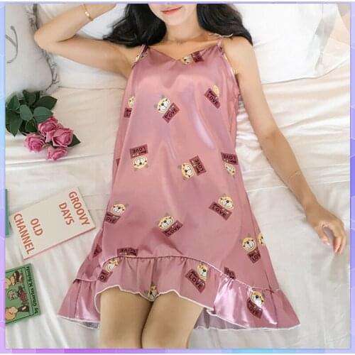 Sexy ice silk Nightgown Lady Sexy Spaghetti Strap Night Dress Women Sweet Cute Nighties Sleeveless Sleepwear Female Nightwear