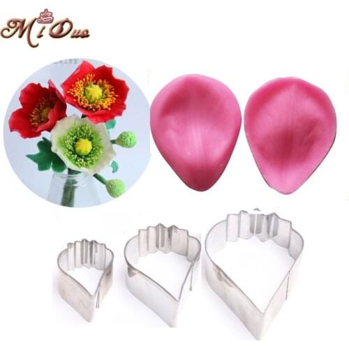 New Arrival Poppy Flower Veiner Mould Fondant Cake Decorating Tool Silicone Veiner Mould and Stainless Steel Cutters Mould